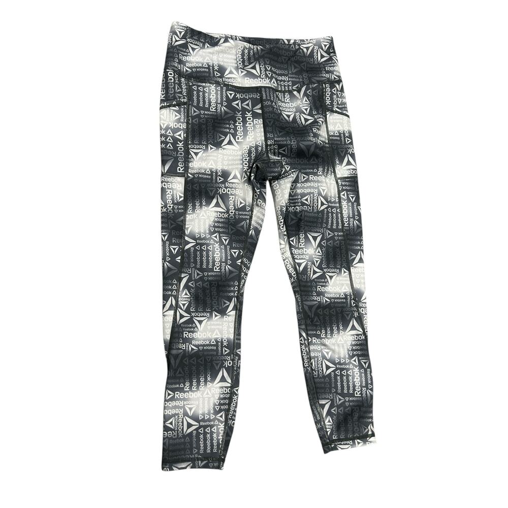 Reebok High-Rise Leggings L Black Gray Logo Print Stretchy Athletic Pants